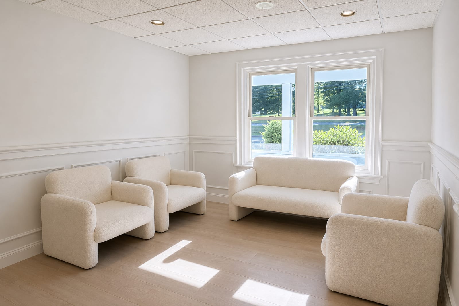 The practice waiting room: cream walls with wainscoting, boucle armchairs and a boucle sofa under tall windows.